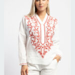 Blouse blanche broderie rouge femme